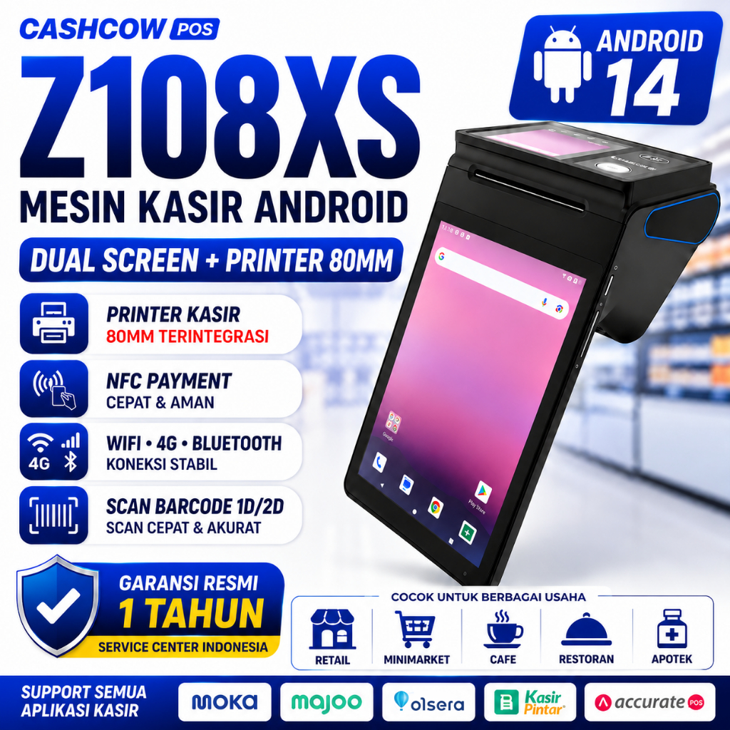 CASHCOW POS Z108XS Mesin Kasir Android 14 Dual Screen 8 Inch POS Thermal Printer 80mm 4GB+64GB 4G Wi