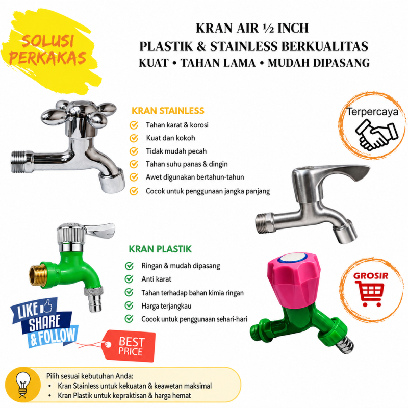 Kran Air Plastik Stainless 1/2 Inch | Keran Drat Kuningan Anti Karat Kamar Mandi Serbaguna