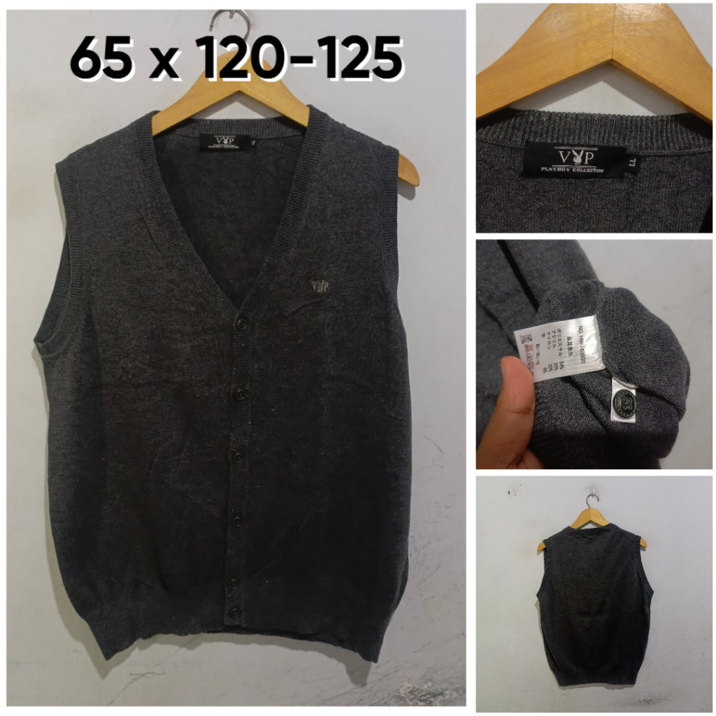 Vest Playboy VIP Abu Tua V Neck Size L Pria Wanita Rompi Knit Unisex F144