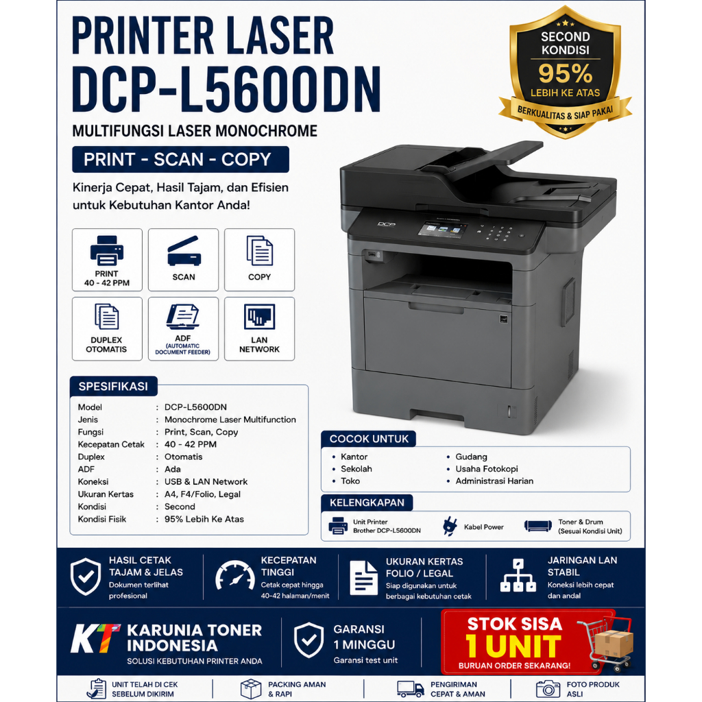 PRINTER BROTHER DCP L5600DN SECOND LASER PRINT SCAN FOTOCOPY PRINTER WITH DUPLEX SPEED 40-42PPM WITH