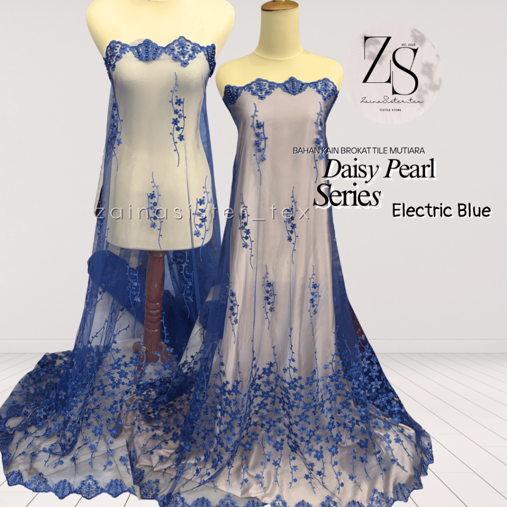 Bahan Kain Kebaya Mewah Brokat Tile Embroidery Two Twone Mutiara Daisy Series Warna Biru Elektrik