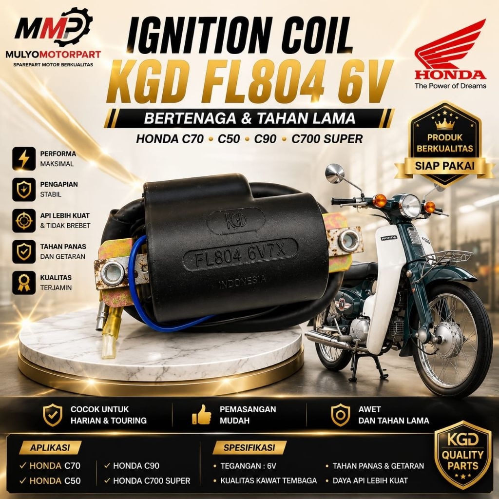 Ignition Koil Coil Motor 6V KGD FL804 Honda C70 C50 C90 C700 Super Bertenaga