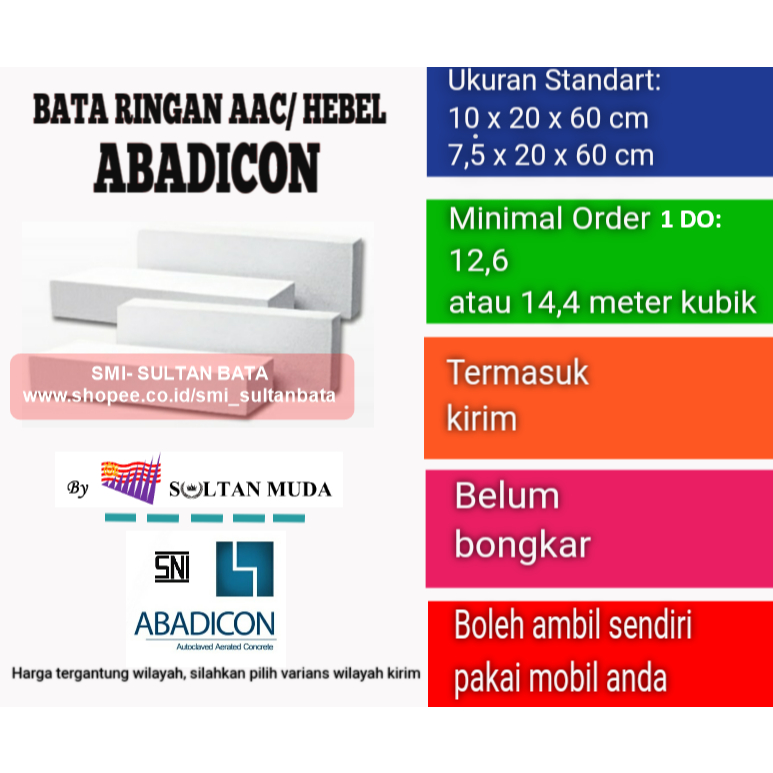 BATA RINGAN AAC / HEBEL ABADICON- BERSERTIFIKAT SNI & TKDN – MINIMAL ORDER 1 DO (12,6 m³ / 14,4 m³) 