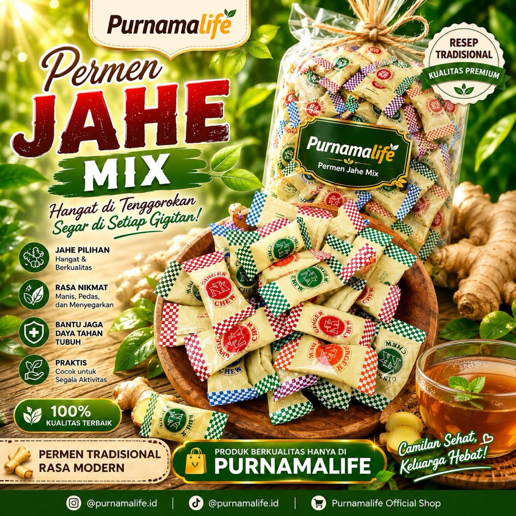 Ginger candy chew 100gr l permen jahe sin a legendaris l permen Jahe Jadul mix purnamalife