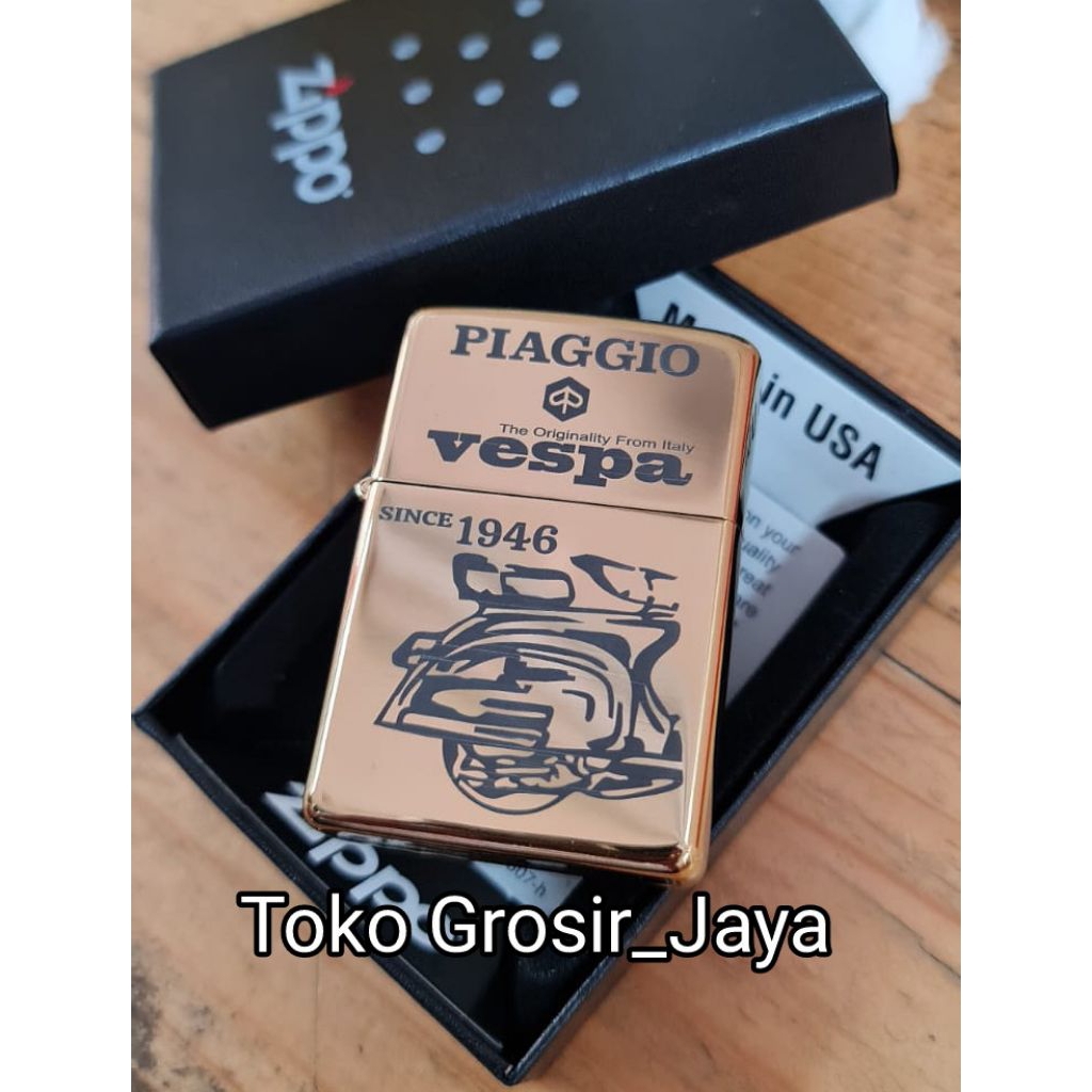 Korek Zippo custom ukir Vespa 1946 Gold