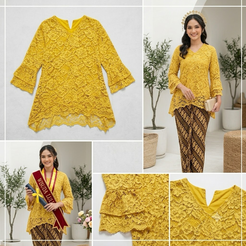 Kebaya Brokat Kuning Mustard Wanita Elegan