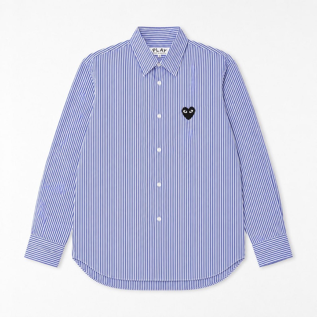 Kemeja CDG PLAY HEART BLACK STRIPE NAVY LONG SHIRT 100% ORIGINAL