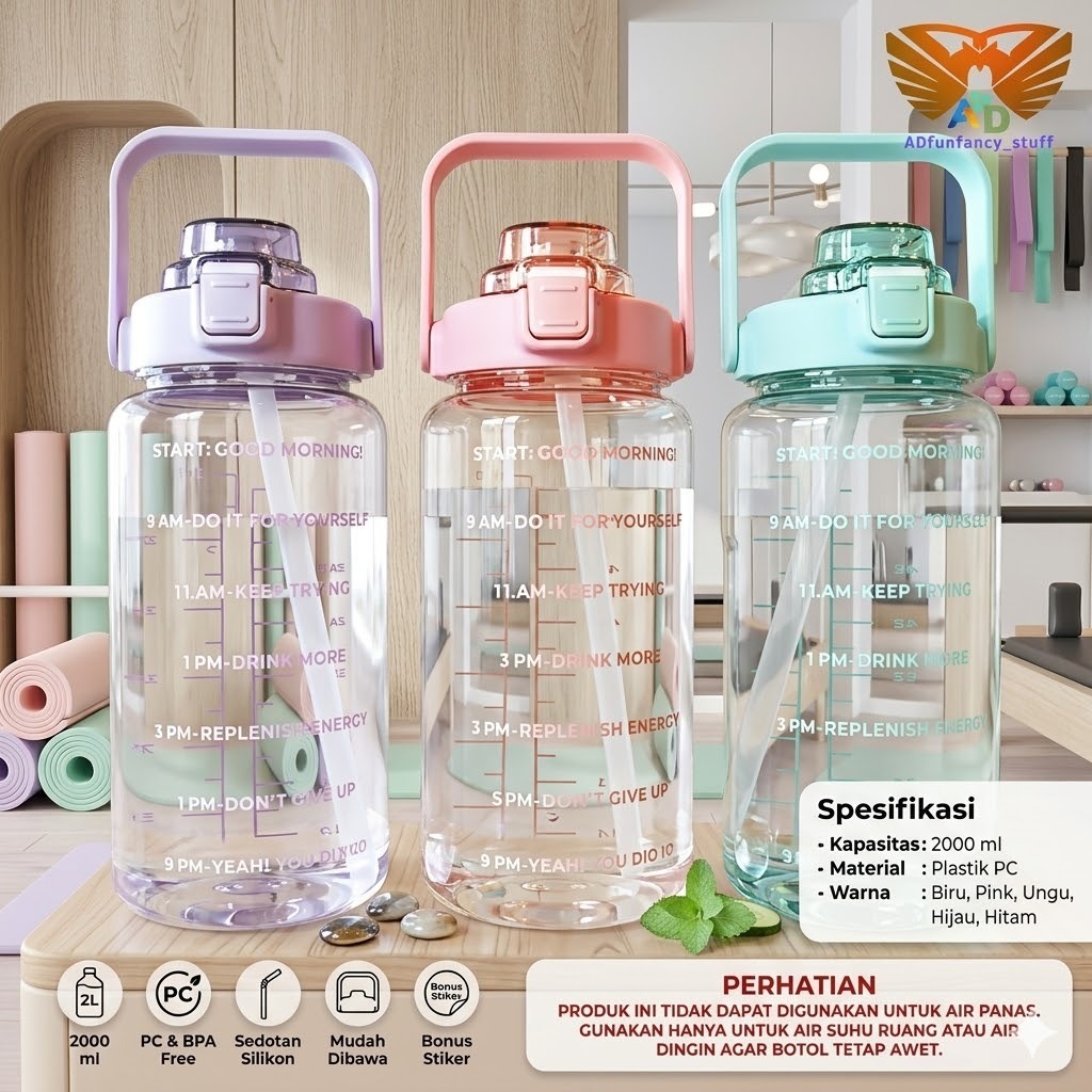 BOTOL MINUM MOTIVASI 2 LITER BENING BPA FREE
