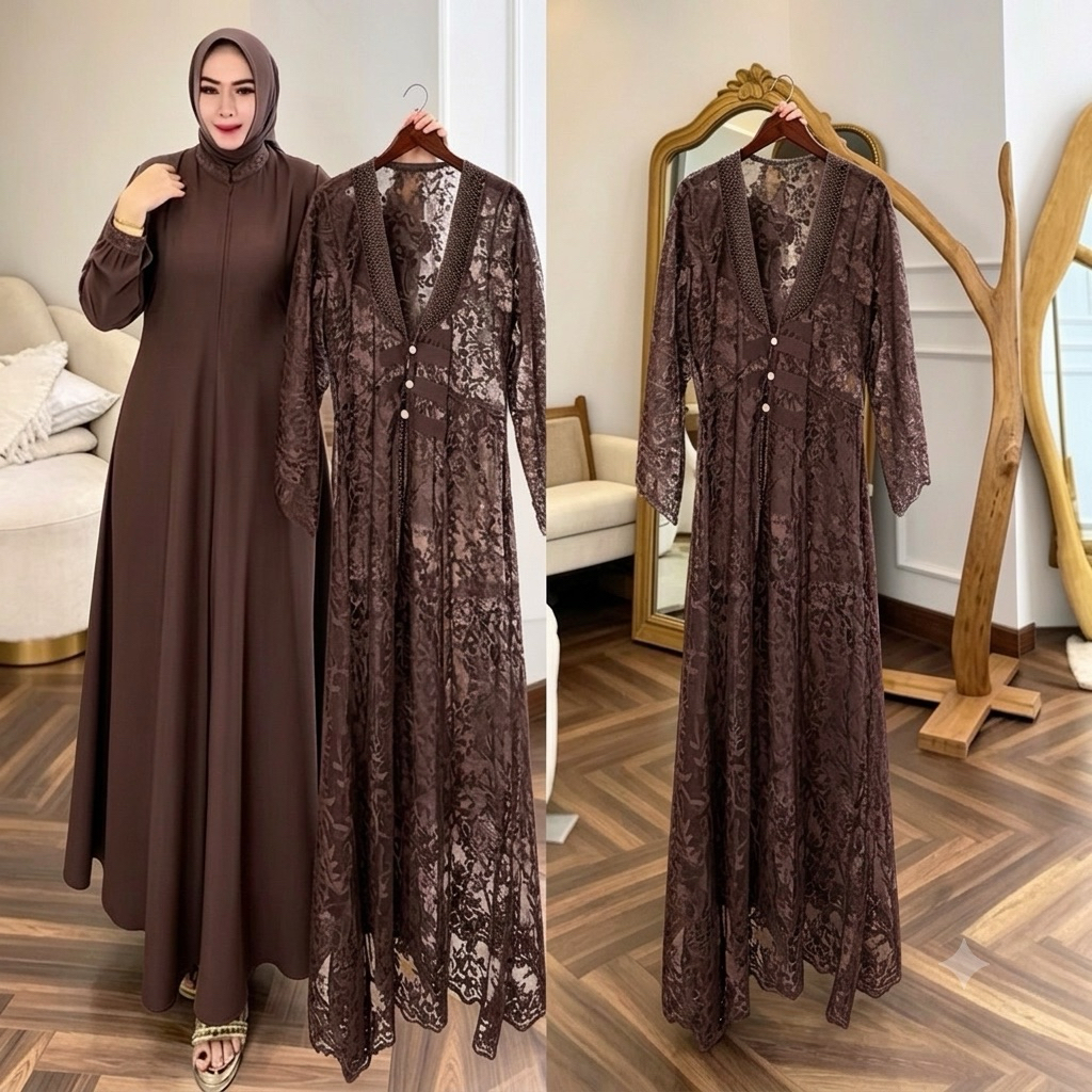 Zeya Gamis Syari Layer Kombinasi Outer Brokat Mewah Wanita Muslim Gamis Syari Premium 2in1 Inner Dre