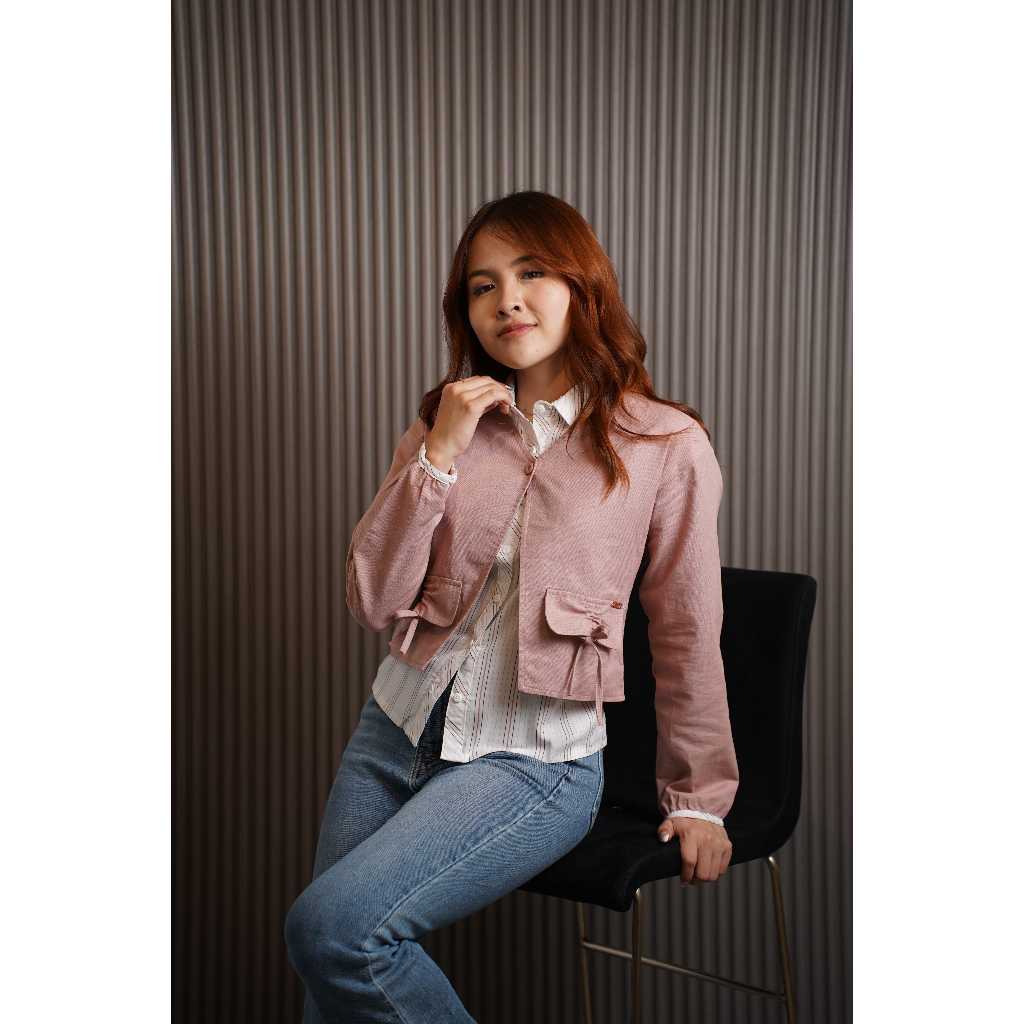 Missty Freeteen Atasan Wanita One Set Atasan Kemeja Putih Motif Garis dan Outer Warna Pink (18796)