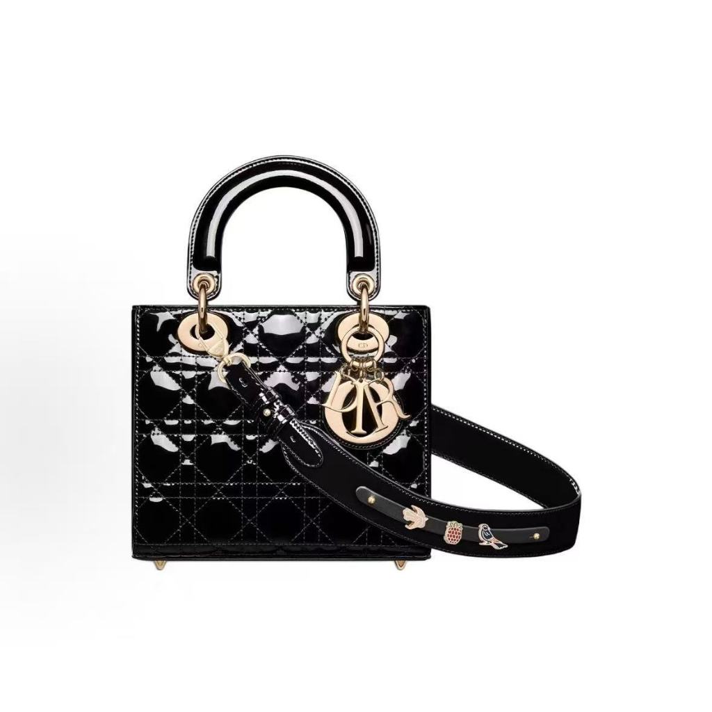 DIOR Dior Lady Dior My ABC Dior Lacquer Leather Tengge Pattern Handbag Small Women's Black