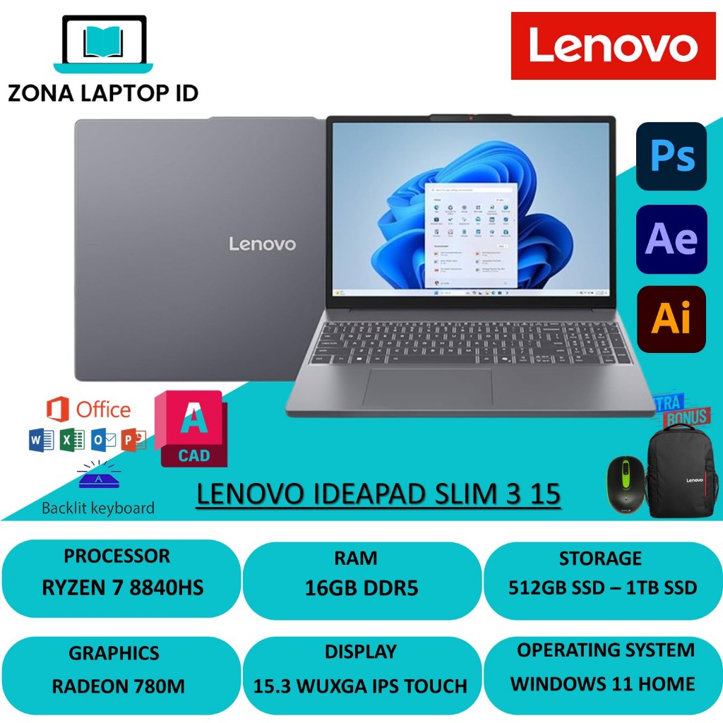 LAPTOP LENOVO IDEAPAD SLIM 3 15 AMD RYZEN 7 8840HS 16GB 1TB SSD Touch WIN11 ORIGINAL
