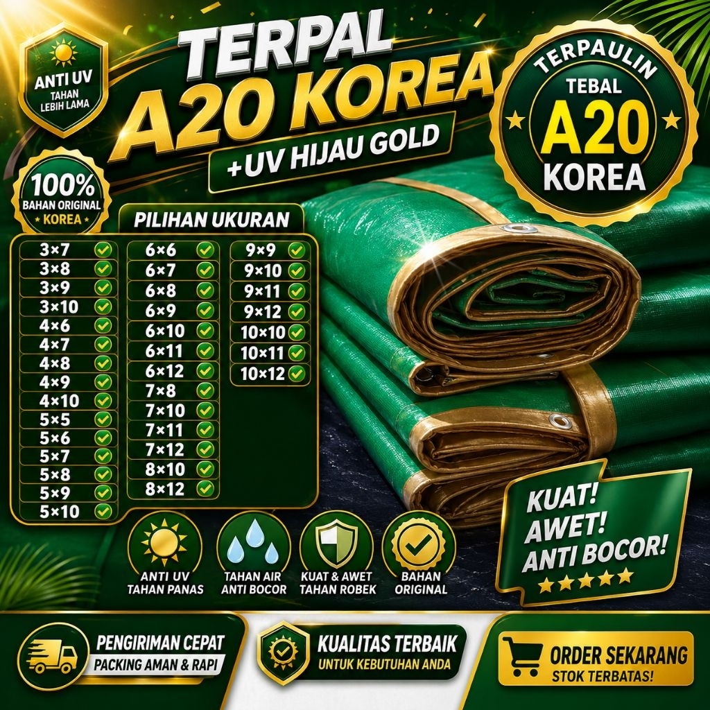 Terpal plastik tebel A20 korea +uv warna hijau gold ukuran lengkap 4x6 4x7 6x8 6x10 8x10 10x12 dll