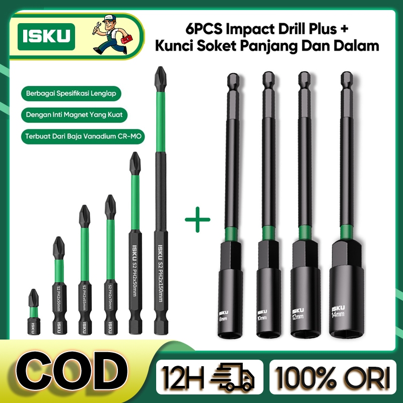 ISKU Kunci Sok Impact Magnet CR-MO Deep Socket 8-14mm + Mata Obeng Impact PH2 Torx Hex S2 Steel Hex 
