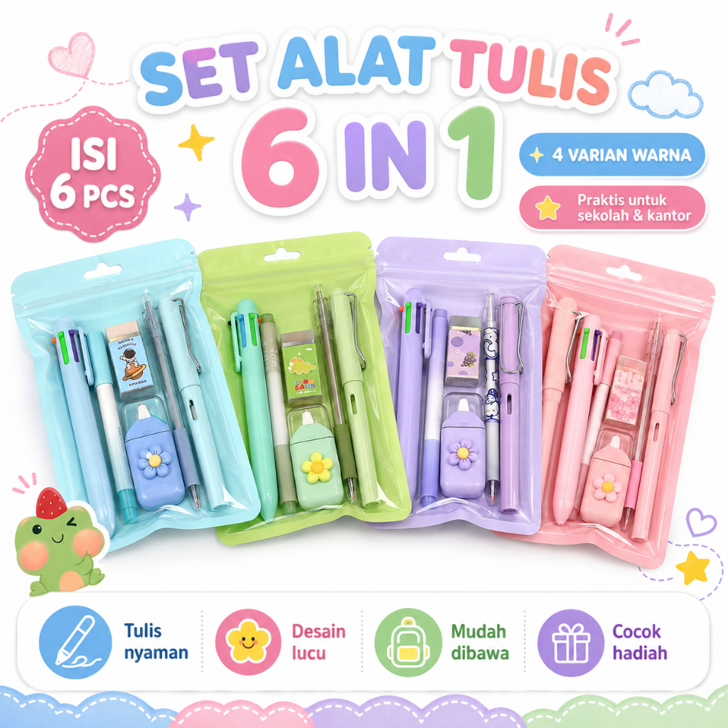 Set Alat Tulis 6 in 1 Lucu Aesthetic Paket ATK Sekolah Anak 6 Pcs Pulpen Pensil Penghapus Hadiah Sou