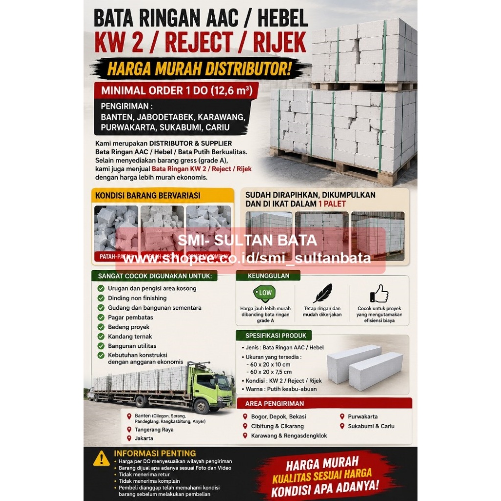 BATA RINGAN AAC / HEBEL KW 2 / REJECT / RIJEK – HARGA MURAH – MINIMAL ORDER 1 DO (12,6 m³) – PENGIRI