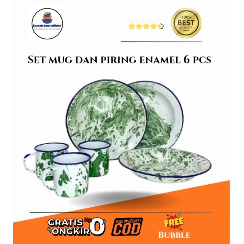 Set 6 Pcs Piring Blurik Enamel Dan Mug Lurik Enamel - Mug Enamel 7 cm - Piring Enamel 22 Cm