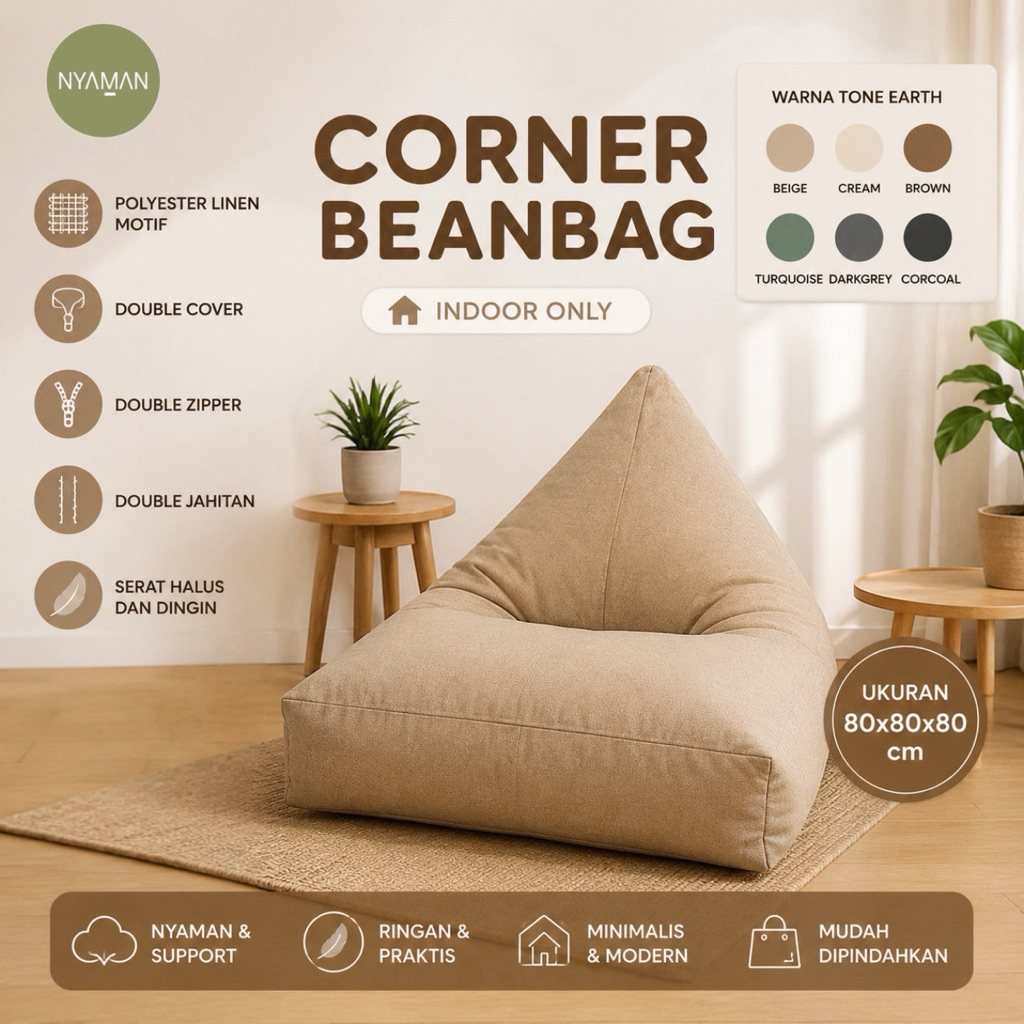 Nyaman.co Bean Bag Corner Sofa plus Isi | Kursi Santai Beanbag Villa Corner Lounge Premium Earth Ton