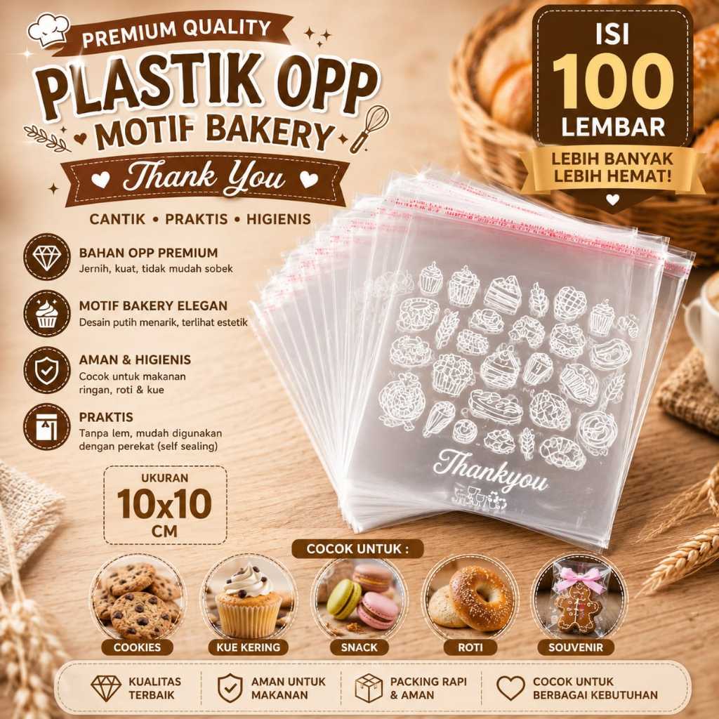Plastik OPP Motif Bakery Thank You 10x10 isi 100 Lembar OPP Roti OPP kue OPP Cookies
