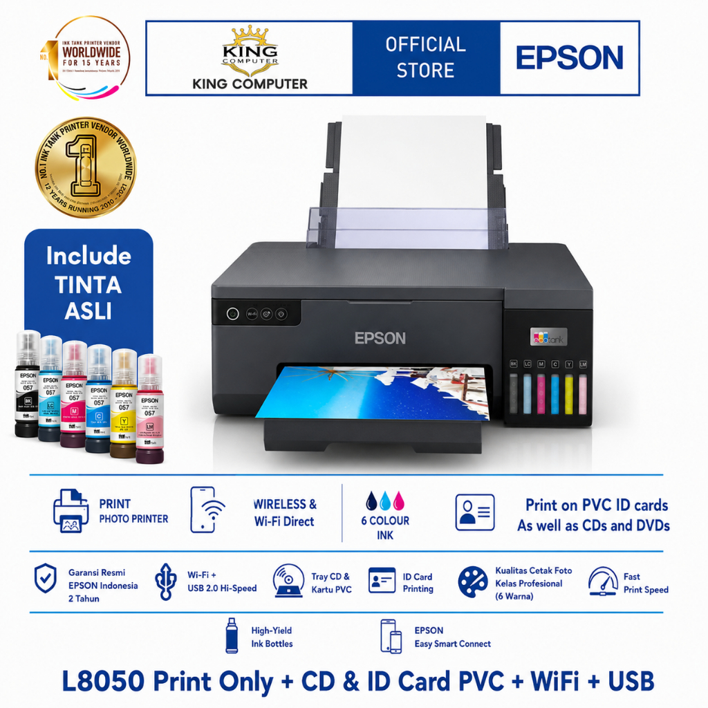 Printer Epson L8050 WI-FI PHOTO INK TANK A4 Photo Printing Wireless Pengganti L805 Garansi Resmi