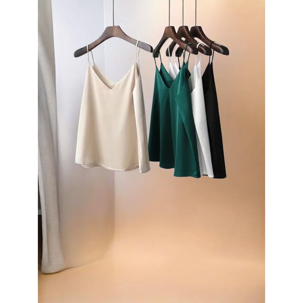 Casual V neck Solid Tanktop Satin Tali Kecil - Inner Tanktop