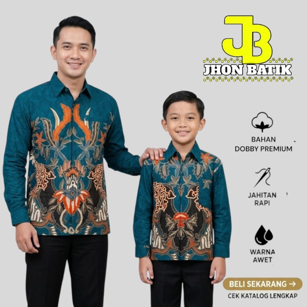 kemeja batik dobby couple ayah dan anak warna hijau emerald lengan panjang//batik emerald couple aya