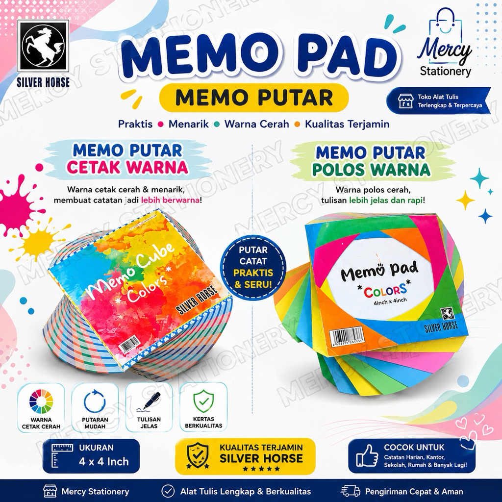 Memo Putar Garis dan Polos Warna Fancy Kertas Catatan Notes Memo Pad Silver Horse