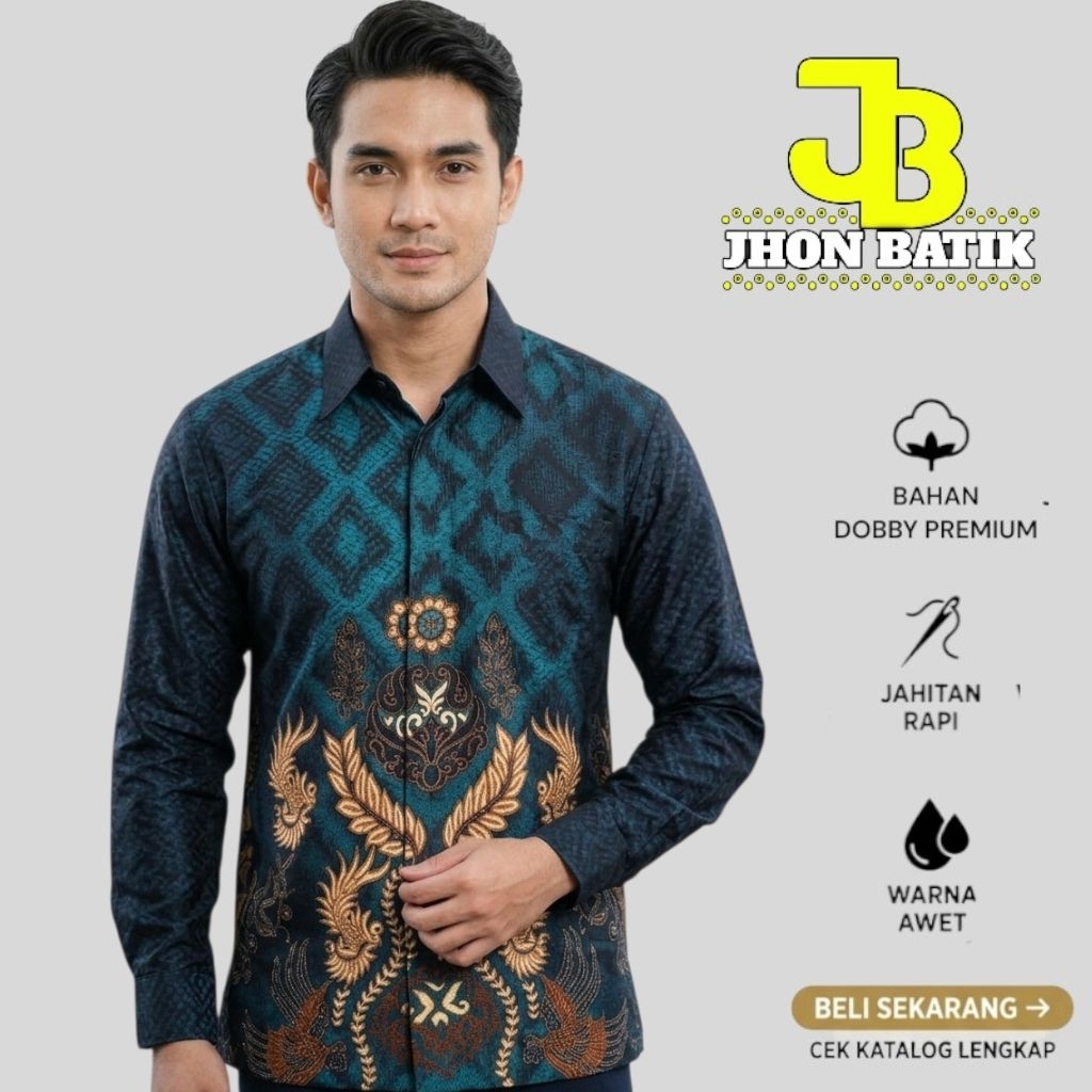 Baju Batik Bahan Dobby Serat Pria Dewasa Warna Hijau Emerald Lengan Panjang//batik hijau Emerald//ba