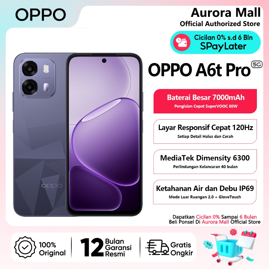 OPPO A6t Pro 5G 8/256GB RAM 8GB+8GB Extended ROM 256GB Official Store HP Android Terbaru Handphone