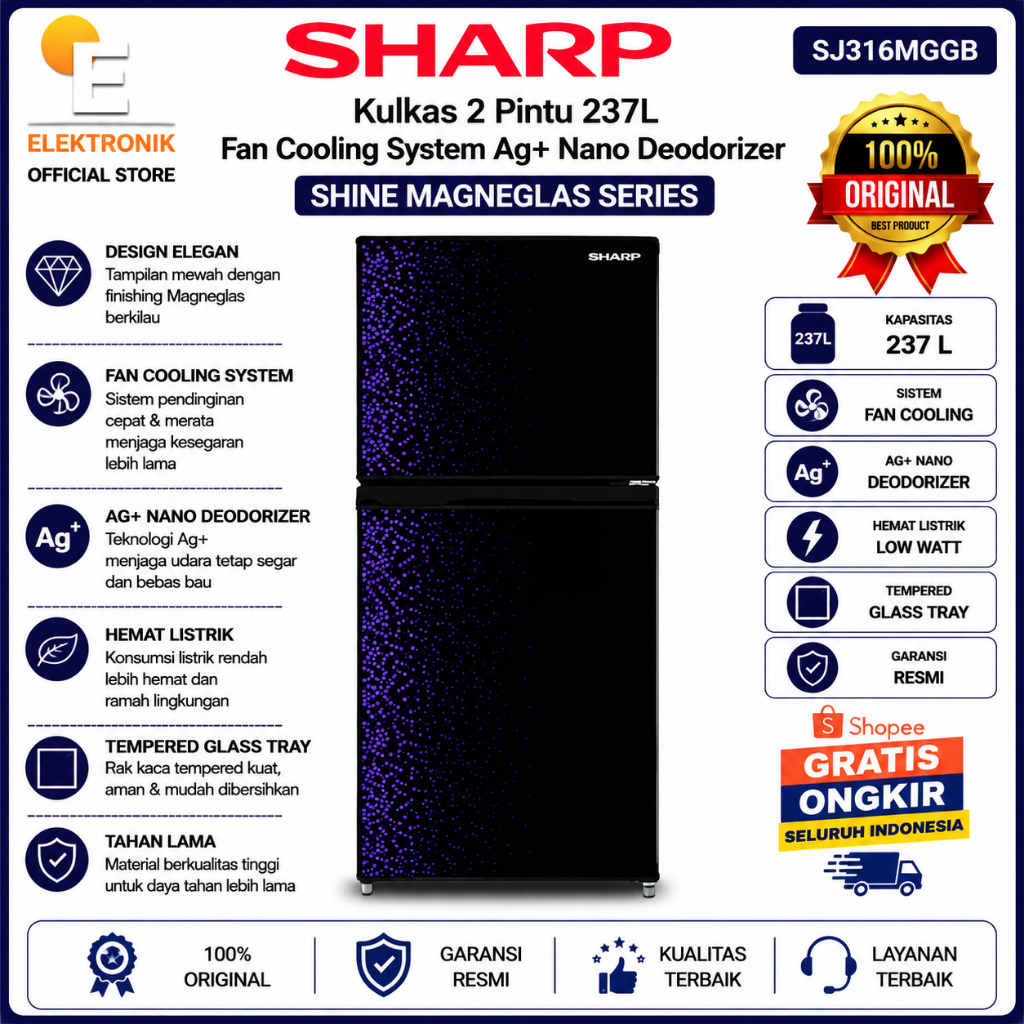Sharp SJ316MGGB Kulkas 2 Pintu 237L Fan Cooling System Ag+ Nano Deodorizer Shine Magneglas Series Tw