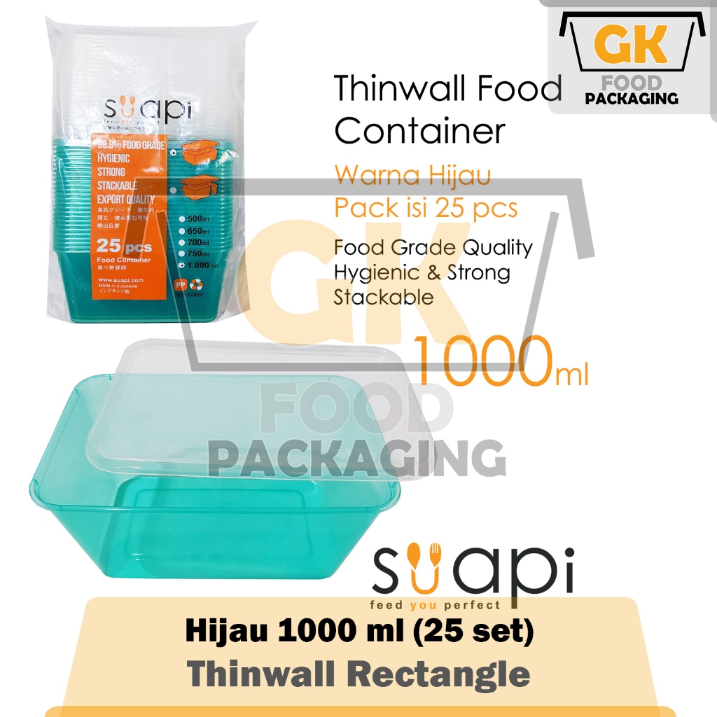 [Minimal 3] Food Container SUAPI Warna Hijau 1000ml 1L isi 25 set Thinwall Wadah Makanan Tepak Makan