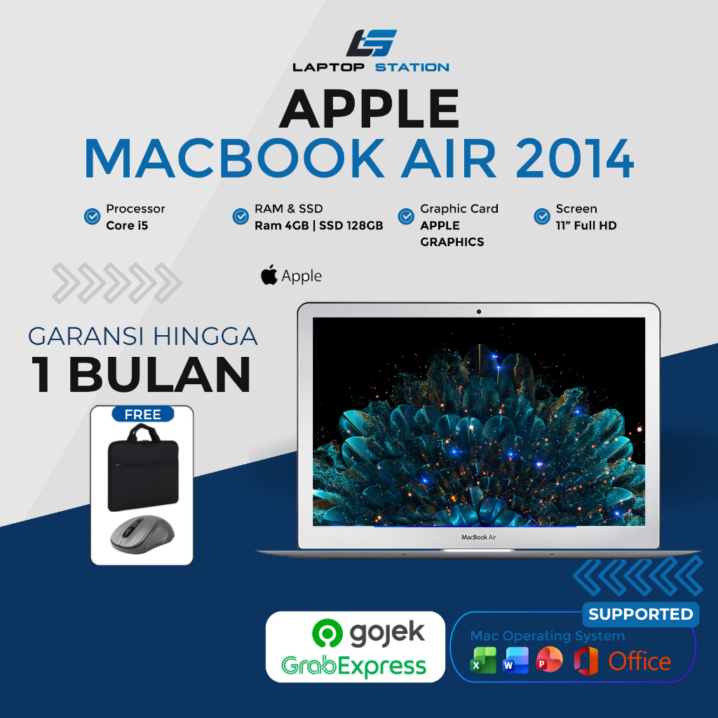 Laptop Apple Macbook Air 2014 Core i5 Layar 11 inch Ringan dan Tipis Bonus Mouse dan Tas Siap Pakai