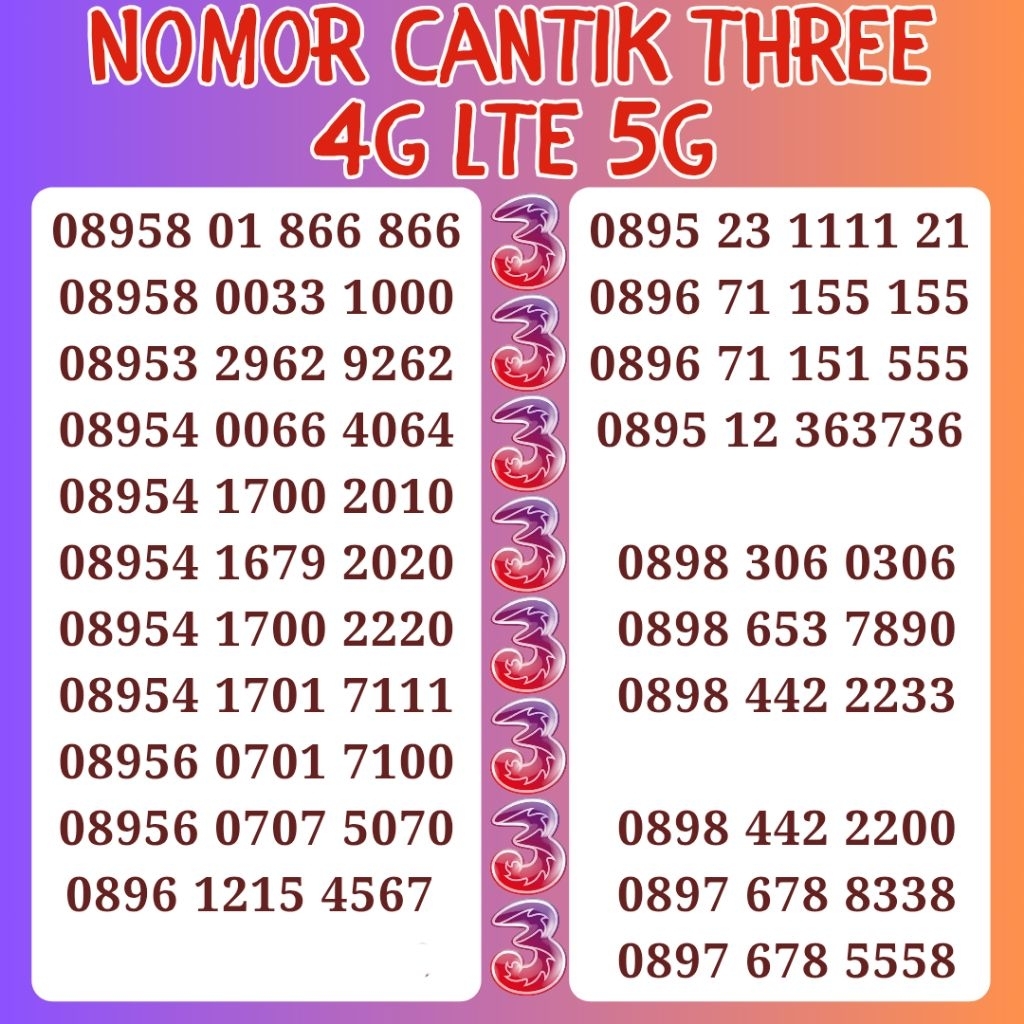 KARTU THREE - NOMOR CANTIK THREE PANCA 7777 8888 9999 KARTU THREE NOMOR TRI KARTU PERDANA KUOTA 0 NO