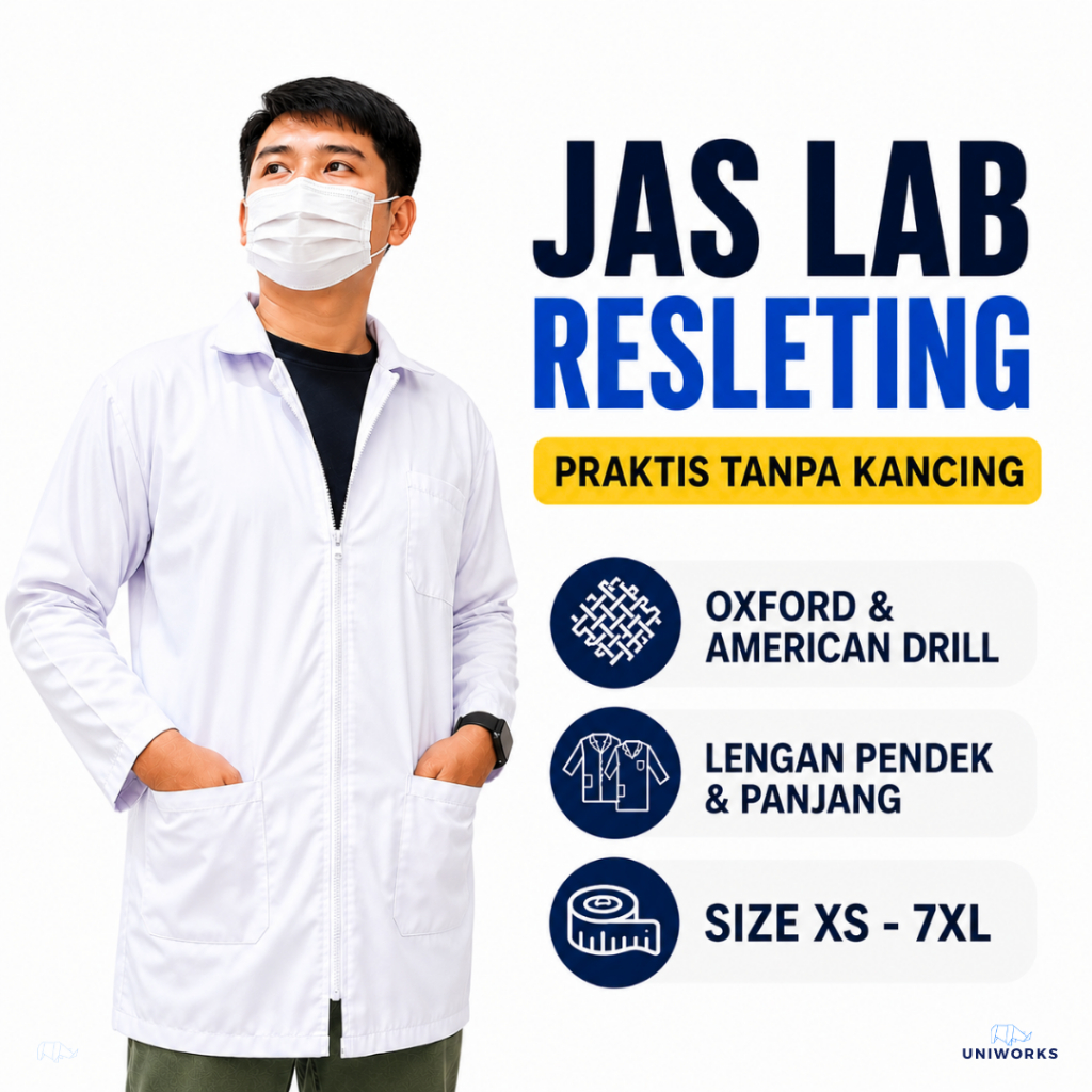 UNIWORKS Jas Lab Putih Resleting Oxford American Drill Praktikum Laboratorium Farmasi Dokter