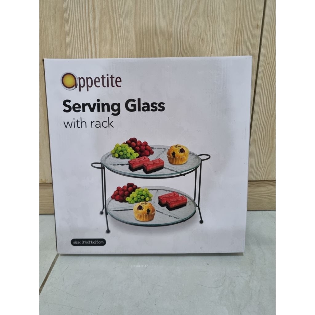 Appetite Serving Glass With Rack 2 Tier Round Shape Serving Tray Stand Piring Kaca 2 Susun Kue Cupca