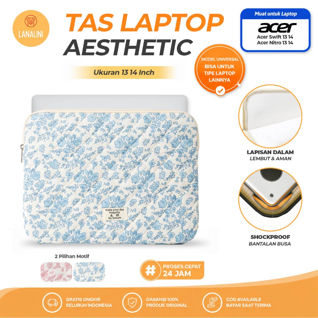 Tas Laptop Untuk Acer Swift Aspire Nitro Chromebook Puffy Bunga Pink Biru Cute Sarung Pelindung Note