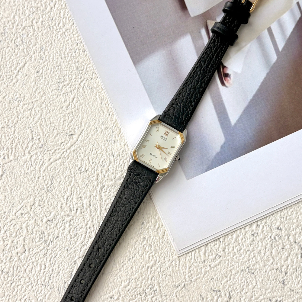 Jam Tangan Wanita Vintage Watch Seiko Exceline Tank Black Strap Original Autentik Preloved Bekas