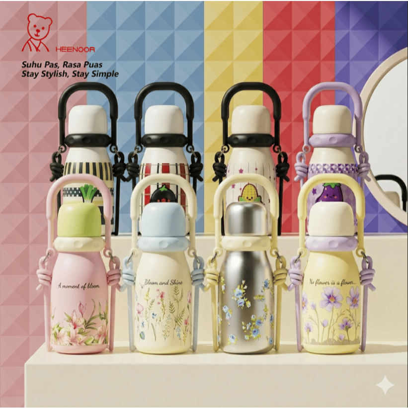 Heenoor Stainless Steel Termos Botol Minum 3 Cara Minum Motif Bunga dan Sayuran  I 680ML I SUS 316L 