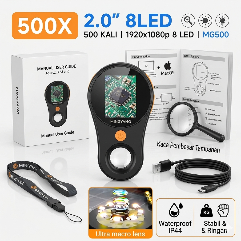 MEGA MINGYANG Mikroskop Digital 500X 1080p LED + Kaca Pembesar Repair MG500