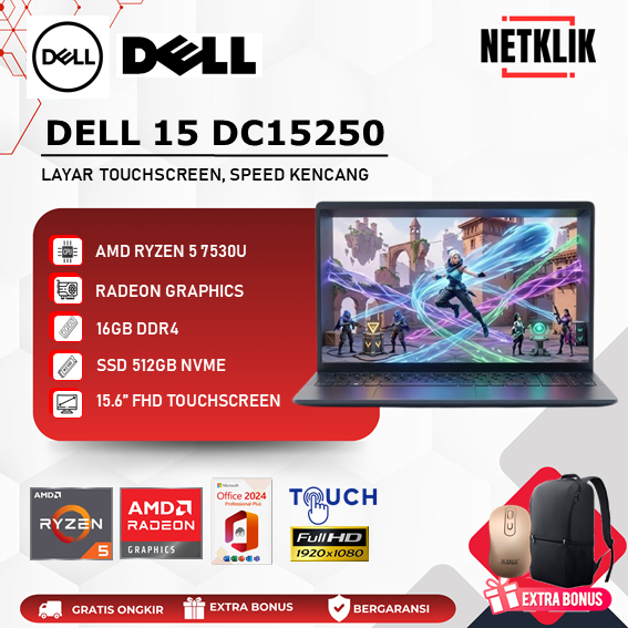 Laptop Baru DELL 15 DC15250 AMD Ryzen 5 7530U 16GB 512GB SSD 15.6 FHD Touchscreen Windows 11