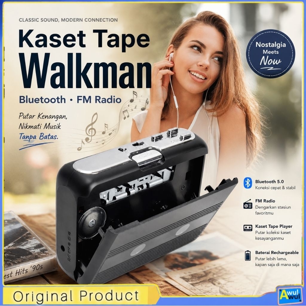 Walkman Kaset Pita Bluetooth Player Kaset Jadul Auto Reserve with FM Radio