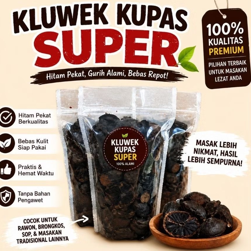 Kluwek kupas 1kg full hitam, bersih tanpa ampas, siap masak