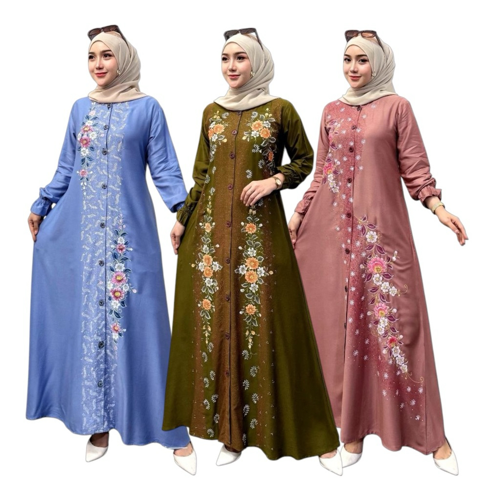 (COD) GAMIS MUSLIMAH LUKIS TWILL ORI PREMIUM ELEGAN MOTIF BUNGA BUSUI FRIENDLY KANCING DEPAN