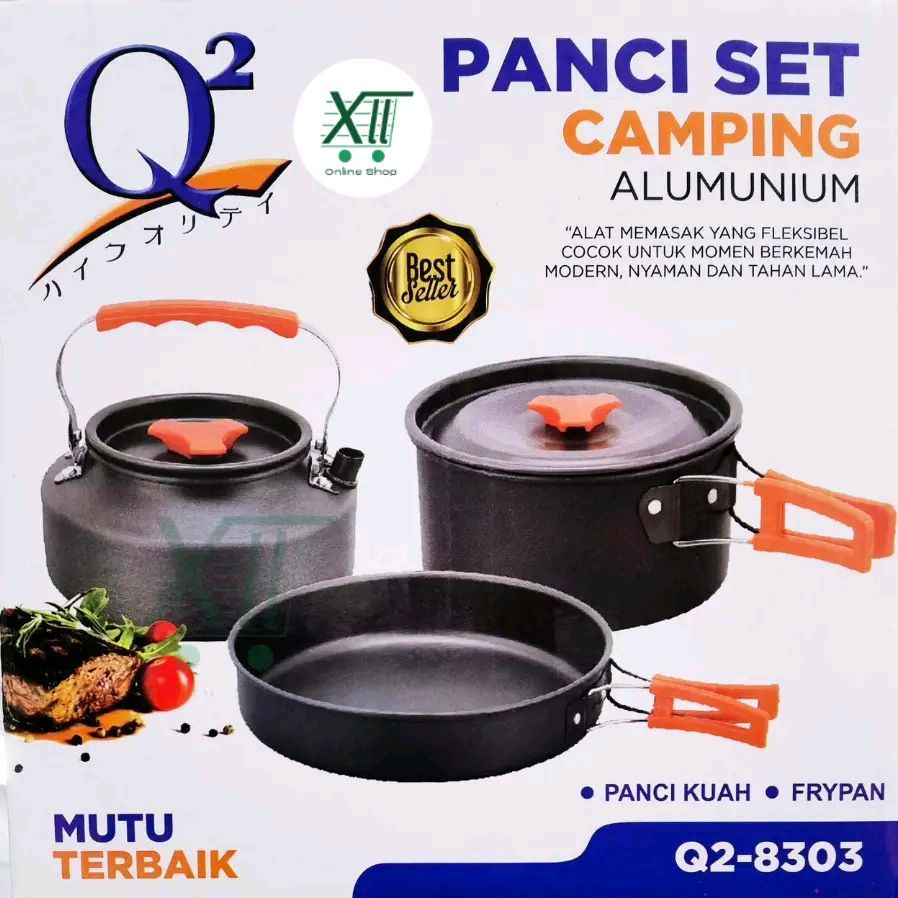 Q2~8303 CAMPING OUTDOOR COOKING POT SET WITH KETTLE 3 PCS Panci Set Alat Masak Camping Kemah Portabl