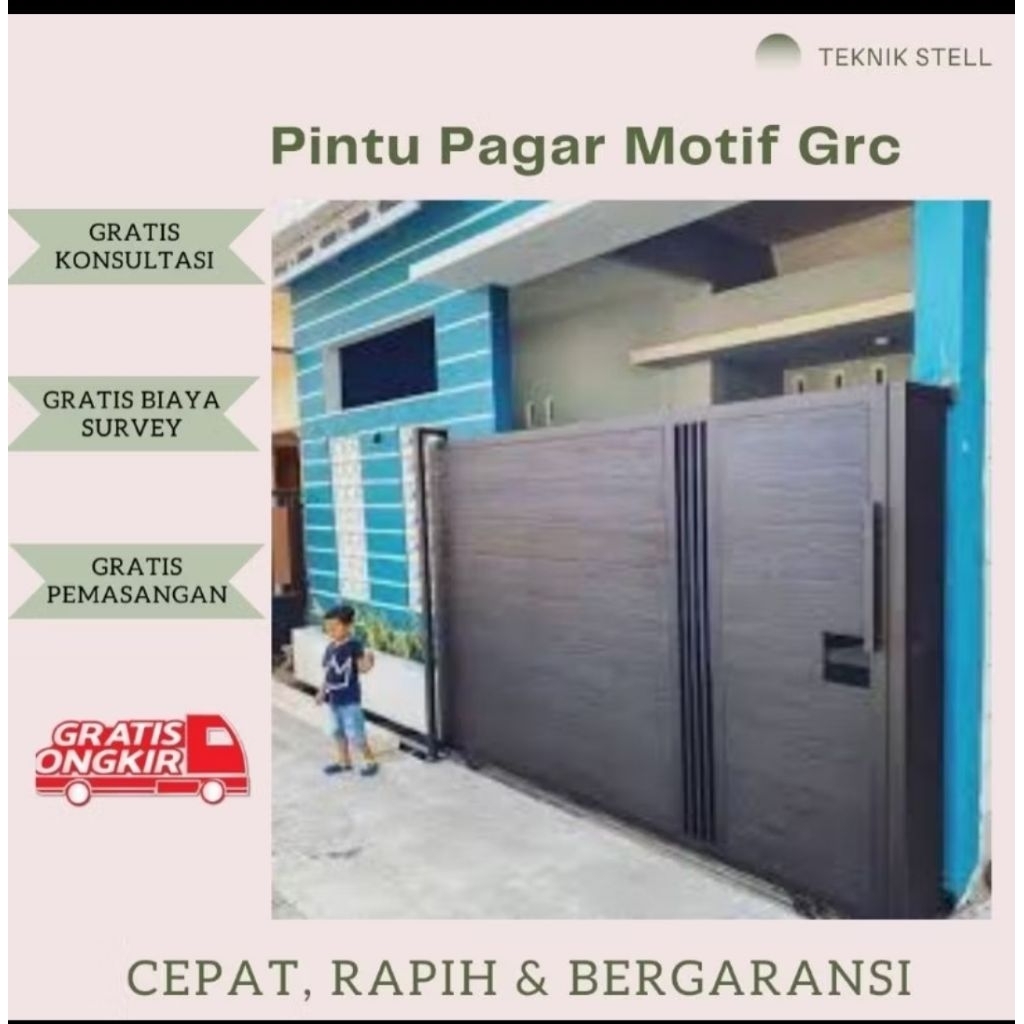 pintu pagar rumah dable sleding modern full lisplang GRC serat kayu kuat anti rayap, ( harga/ meter)