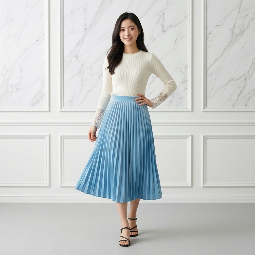 Rok Midi Plisket Bludru 7/8 Foto Studio OOTD Rok Beludru Mengkilap
