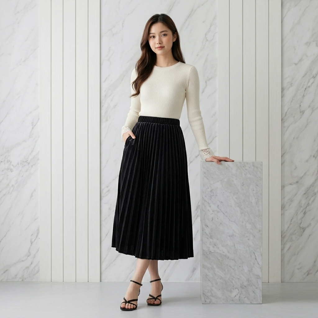 Rok Midi Plisket Terbaru 7/8 Tekstur Lembut Rok Beludru Elegant Look
