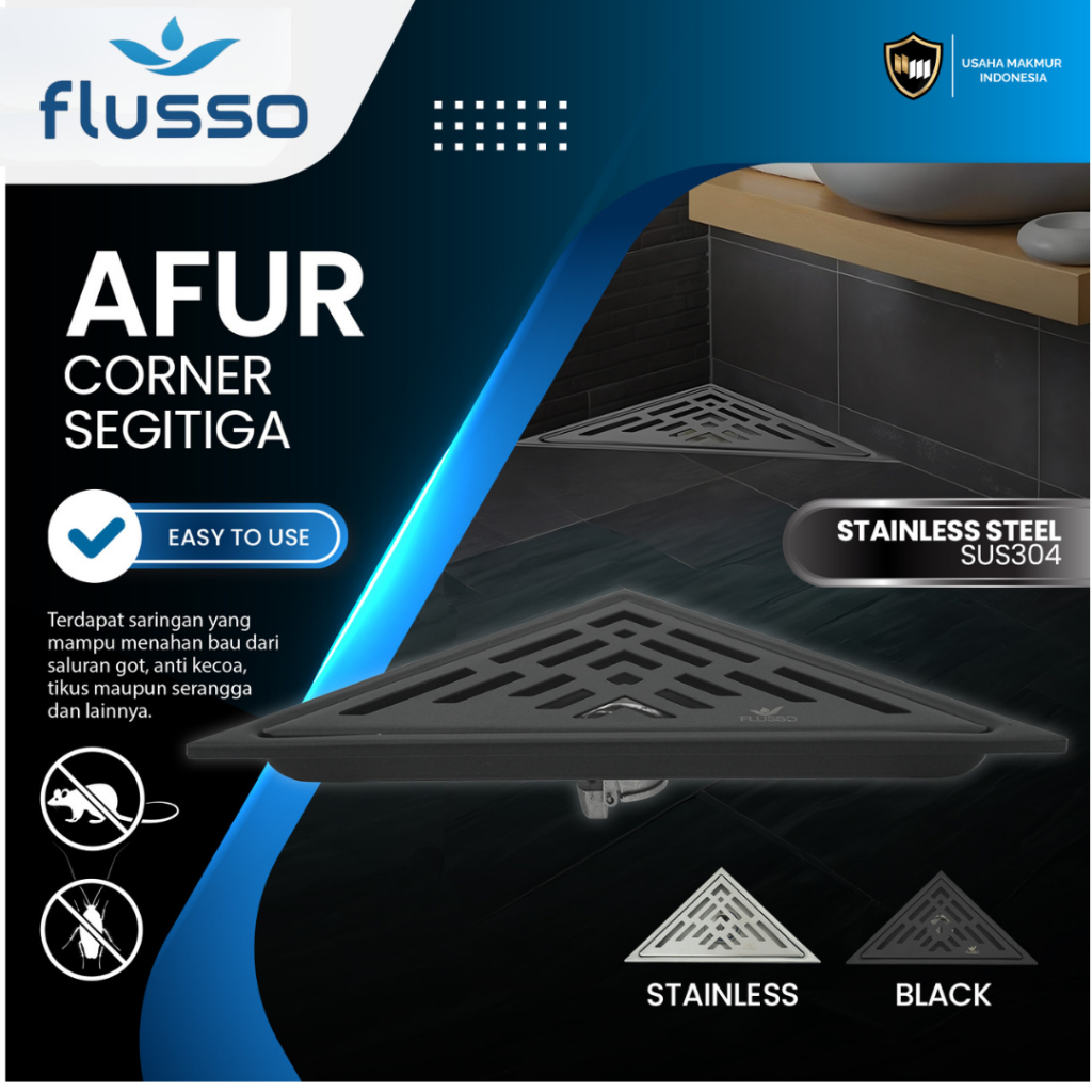 Flusso Afur Lantai Saringan Got Sudut kamar mandi / Afur Corner / floor drain corner Stainless 2507