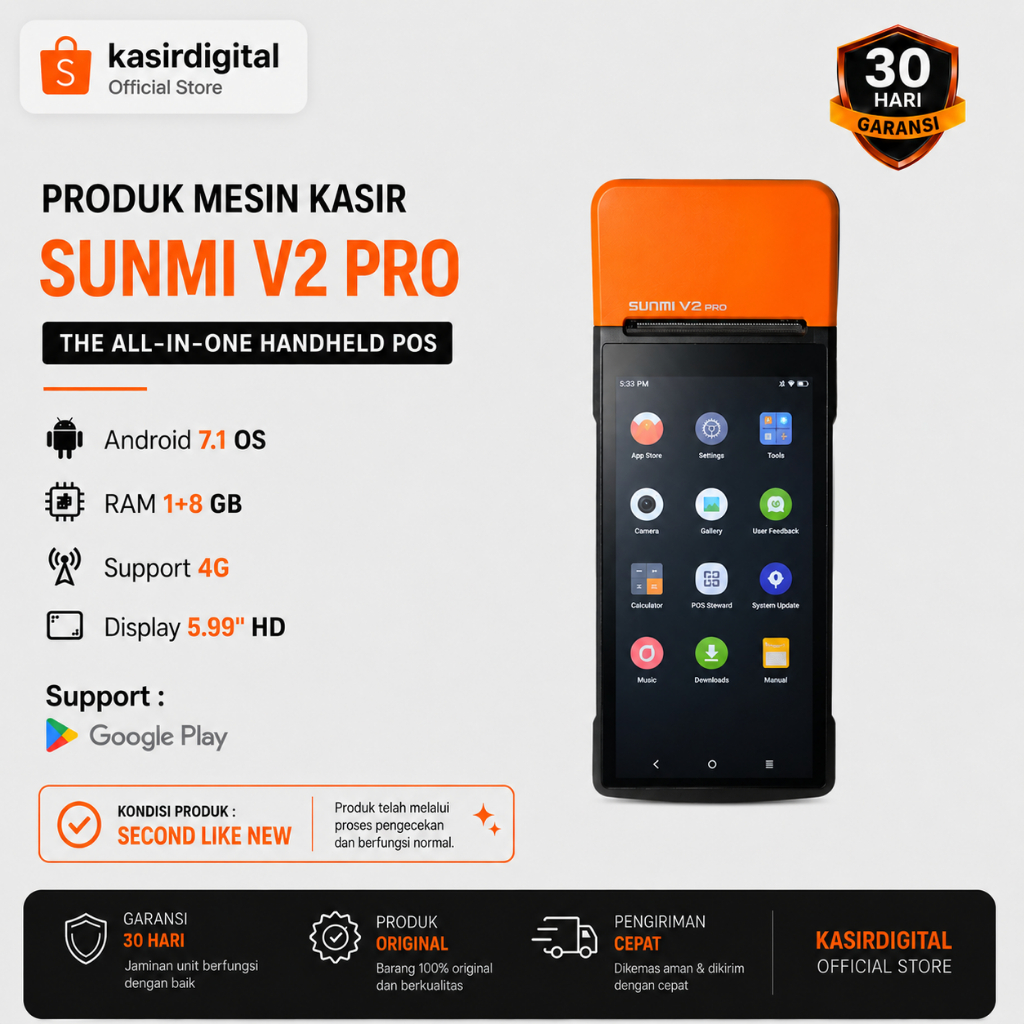 Mesin Kasir Android Portable SUNMI V2 PRO RAM 1+8 GB Non NFC Second Bergaransi Support Playstore
