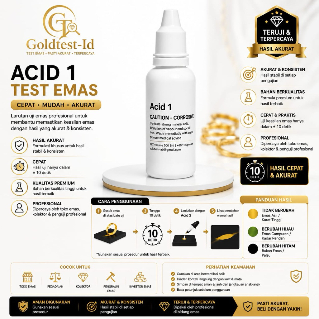 Cairan Uji Emas Acid 1 30ml | Test Emas Asli Palsu | Gold Tester Kit | Cek Kadar Karat Emas Akurat